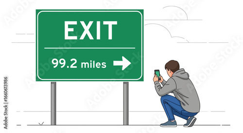 Man Capturing Exit Route Guidance With Mobile Device on Road Trip