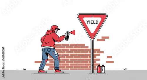 Man Doing Graffiti On Wall Near Yield Sign With Spray Cans