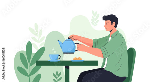 Man Enjoying a Tea Break with Teapot and Pastry Illustration