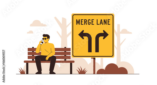 Man Enjoying Coffee Near Merge Lane Sign In A Serene Outdoor Environment