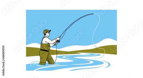 Man Fly Fishing in River Surrounded by Mountains Peaceful Outdoor Adventure