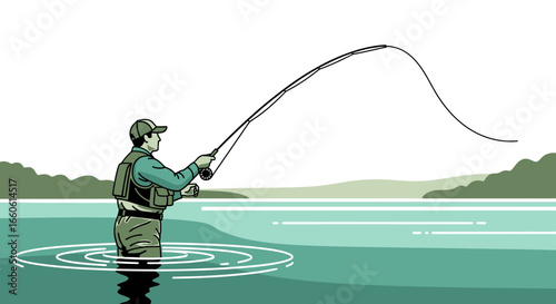 Man fly fishing casting line in river with scenic mountain background illustration