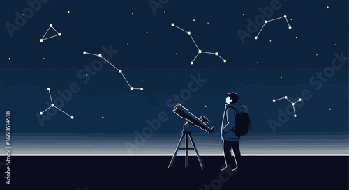 Man Gazing At Star Constellations Through Telescope Under Clear Night Sky