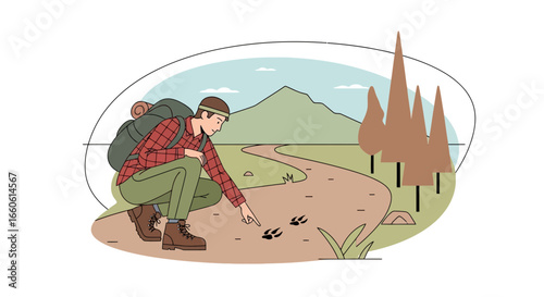 Man Hiking In Nature Following Animal Footprints Exploring Wilderness Landscape