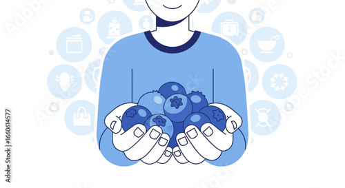 Man Holding Blueberries Offering Health And Wellness Benefits Vector Illustration
