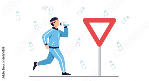 Man hydrating during a marathon with water bottles scattered and triangle traffic sign