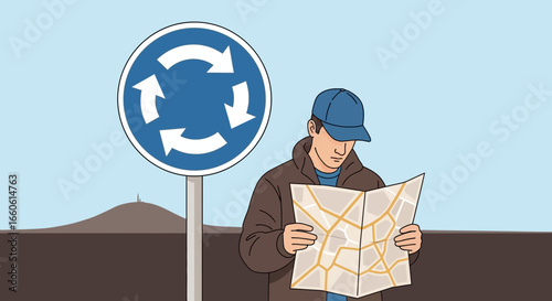 Man Orienting Himself Near A Roundabout Using Road Map On Trip