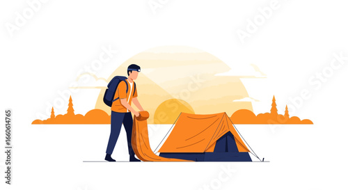 Man Packing His Tent at Sunrise During a Hiking Trip Illustration