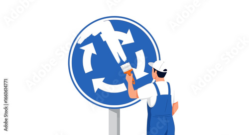 Man Painting Roundabout Sign Maintaining And Improving Road Traffic Infrastructure