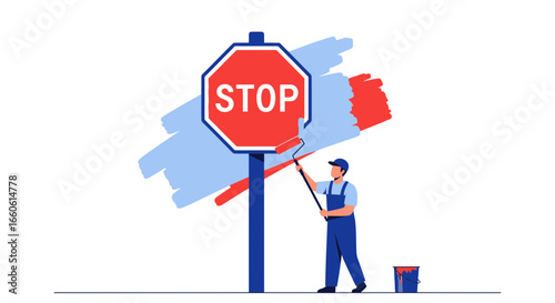 Man Painting Stop Sign With Roller Brush Delivering a New Message