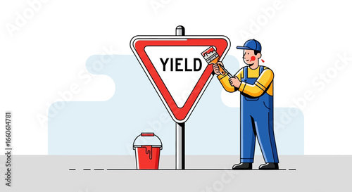 Man Painting Yield Sign Vector Illustration For Creative Projects