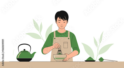 Man Preparing Traditional Matcha Green Tea With Whisk And Teapot Japanese Culture