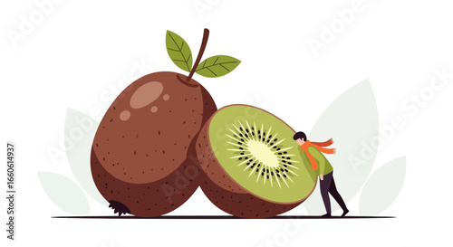 Man Pushing Huge Kiwi Fruit Slice Represents Healthy Lifestyle Choice