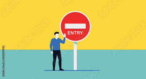 Man Prohibiting Entry With Gesture Near Sign Symbolizing Restriction And Prevention