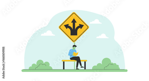 Man Reads Under the Sign with Arrows Pointing in Different Directions