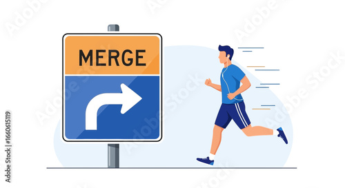 Man Running Passing By A Merge Sign Concept For Business Transformation