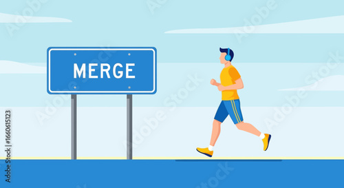Man Running Passes Merge Road Sign Fitness Wellness Lifestyle Illustration