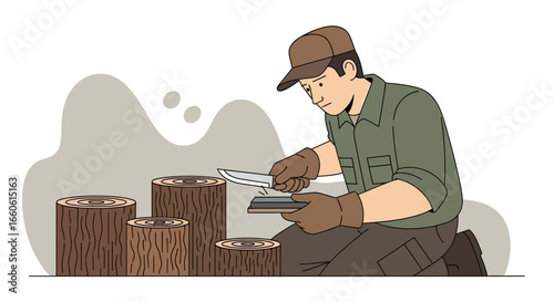 Man Sharpening Knife On a Whetstone Preparing For Whittling Wood Outdoor