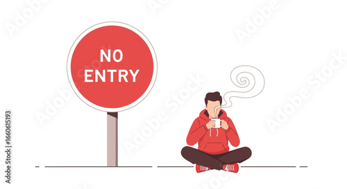 Man Sits With No Entry Sign In The Background Enjoying Hot Beverage