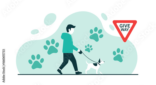Man Walking Dog On Leash Illustration Graphic With Give Way Sign
