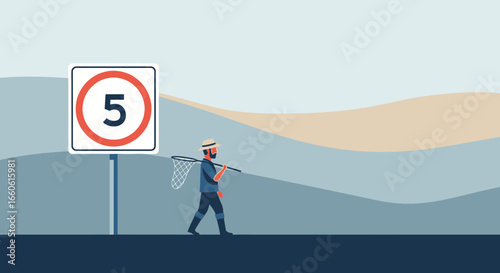 Man Walking With A Net Beside A Sign, The Concept Of New Regulations