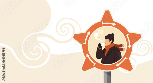 Man Warming Up By Drinking Hot Beverage In Cold Climate Illustration