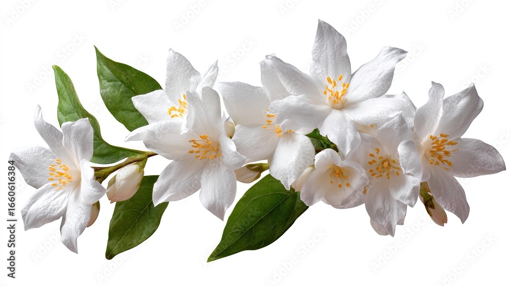 Obraz premium Closeup View Of Delicate White Blossoms On A Branch With Lush Green Leaves Against A Clean White Background A Stunning Floral Image Perfect For