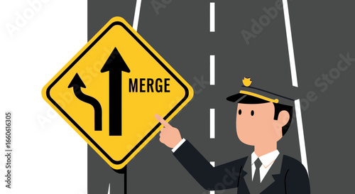 Merge Ahead Traffic Sign With Policeman Illustration On Asphalt Road