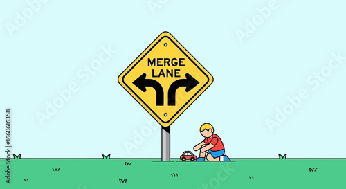 Merge Lane Ahead Boy Plays With Toy Car Near Traffic Sign Illustration