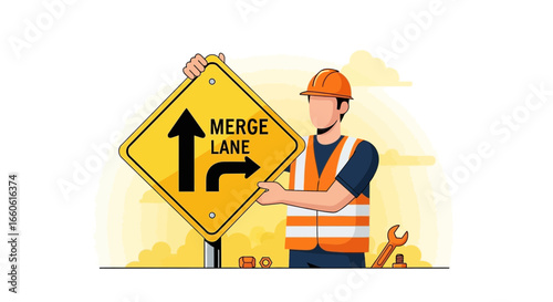 Merge Lane Ahead Road Work Safety Measures for Drivers Compliance Illustration