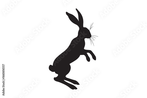 Silhouette of a rabbit standing tall on hind legs with ears perked and whiskers detailed