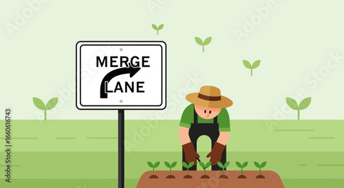 Merging Growth Farmer Cultivating Seedlings Under Merge Lane Sign on Farm Land