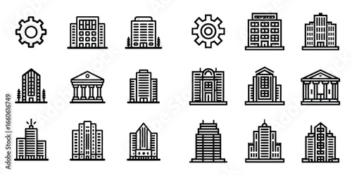 Vector illustration of various building icons representing different architectural styles and urban landscapes, perfect for city planning or real estate