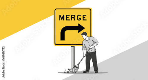 Merging Priorities Illustrative Concept Featuring Cleaning With Roadsign Right Turn