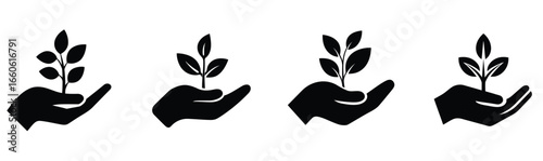 Vector illustration of hand holding a plant seedling, representing growth, care for the environment, and a sustainable future
