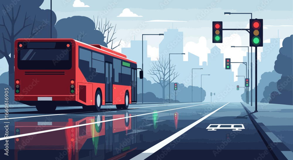 Obraz premium Modern Cityscape View With Bus At Wet Urban Road For Transportation