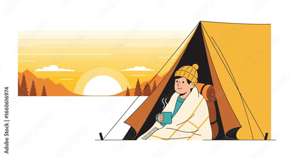 Fototapeta premium Morning Adventure Camping Scene Featuring a Cozy Camper Enjoying Hot Beverage
