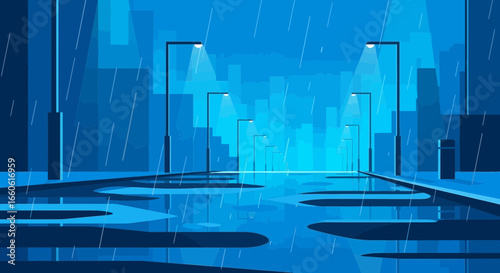 Monochromatic Cityscape Under Rain Showers Modern Urban Night Scene Art
