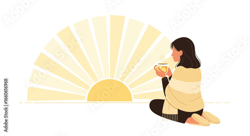 Morning Calm Woman Enjoys Warm Drink Wrapped in a Cozy Blanket at Sunrise