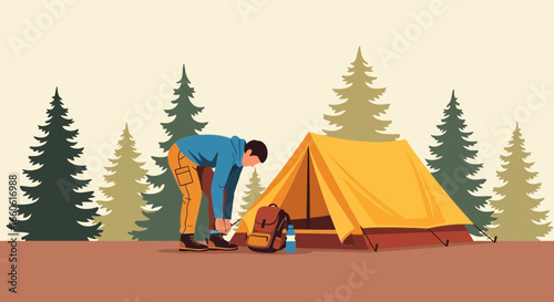 Morning Camping Scene At The Base Of Tall Green Trees In The Forest