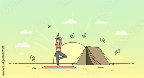Morning Serenity Woman In Tree Pose Camping Illustration Background