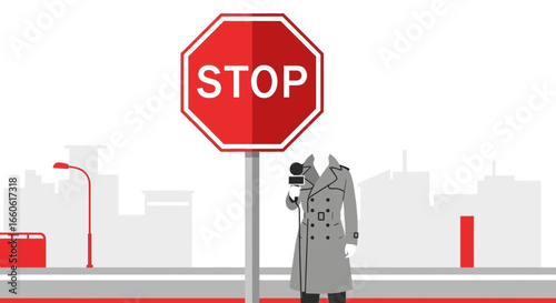 Mysterious Reporter Silhouette with Stop Sign in Modern City Landscape Scene