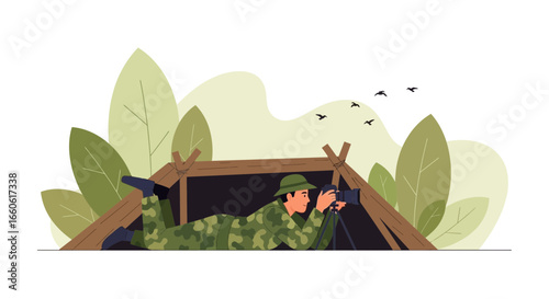Nature Enthusiast Capturing Wildlife From Tent In Natural Habitat For Exploration