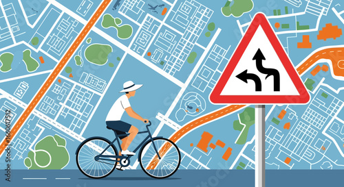 Navigating Urban Routes Cyclist Approaching Curves Sign with Cityscape Background
