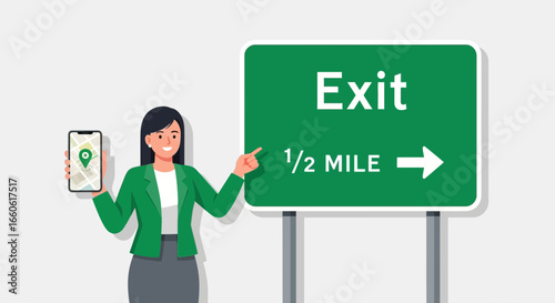 Navigation App Helping Driver Near Exit, Modern Travel Solution Illustration
