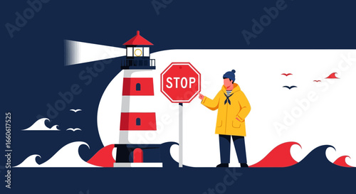 Navigator Gives Warning At Lighthouse Stop Signal At Coast Navigation Scene