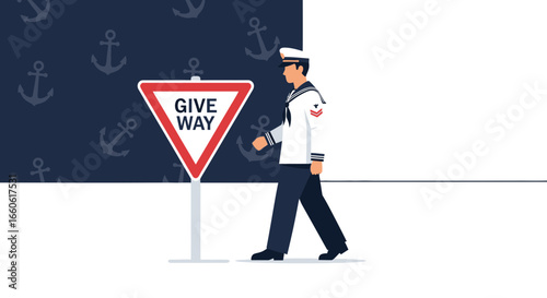 Navy Uniformed Person Walking Near Triangular Road Sign With Anchor Pattern Backdrop