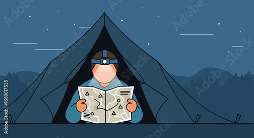 Night Adventure Plotting With Headlamp In Tent Expedition Scenery And Stars