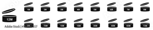 PAO symbols set in grey color isolated on white background.  Period of validity after opening. Pao, period after opening, cosmetic, beauty product, expiration, validity, 12m, shelf life, month