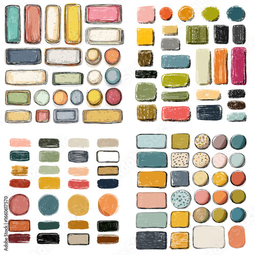 Hand-painted abstract color swatches set in various rectangular and circular shapes. Perfect for design inspiration, palette creation, and artistic projects.